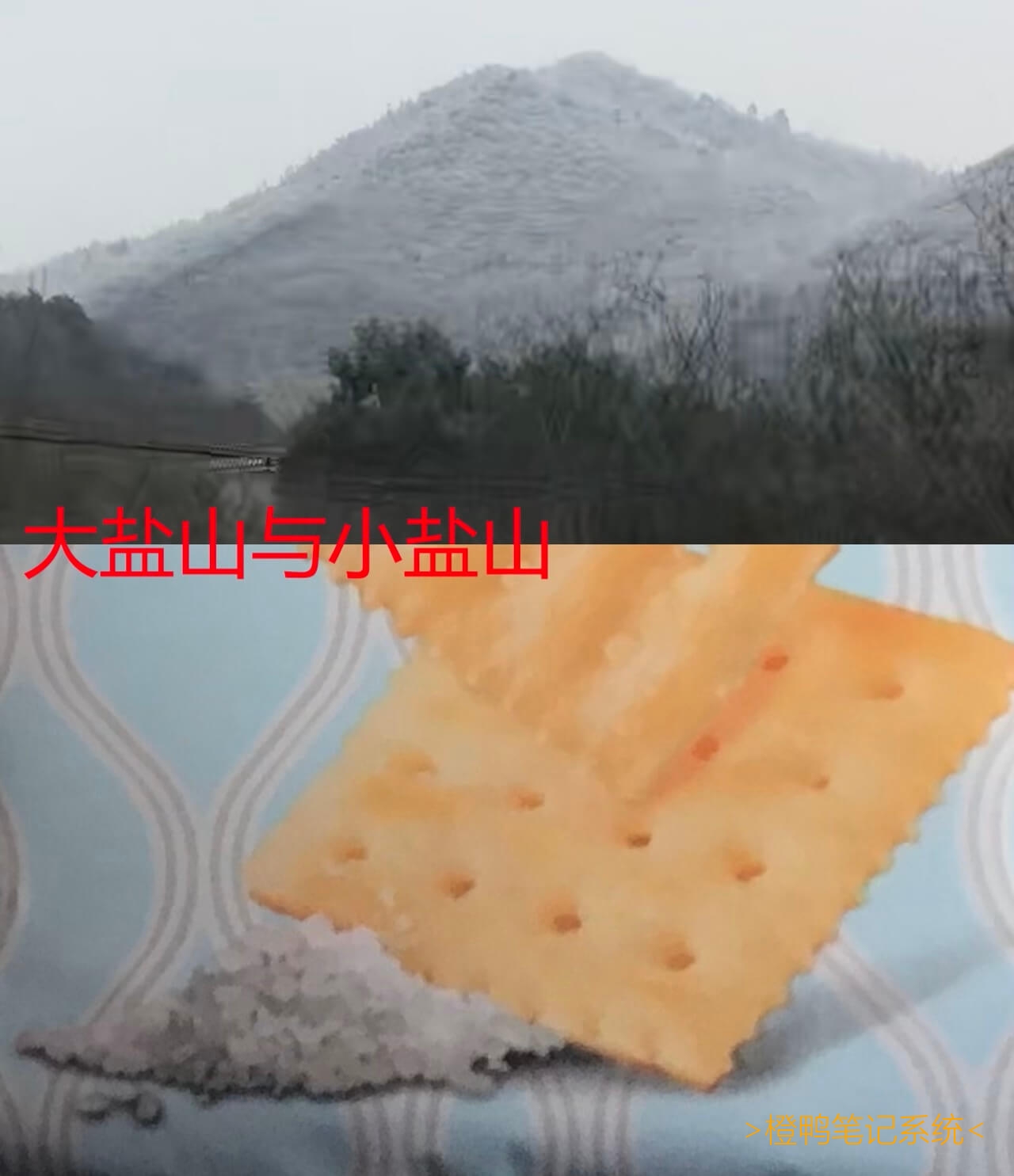 # 偶遇一大盐山-今天看到了在饼干包装上见到的盐山, 大到让人感到震撼! -不过, 更震撼的是, 大概从前 2天开始, 所有学科的寒假作业几乎都不会做了! 基本上都错一半. 再次通过仔细分析, 我发现我许多高一上的学科知识公式什么的都忘了, 真可惜.导致到现在作业都没写完, 作业已经越拖越多了……期待未来学习更好且轻松.