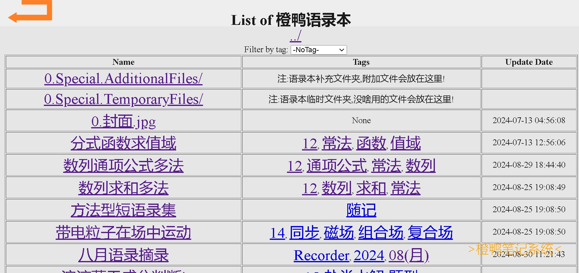 # New Term, New Style!-超大字号, 更大更护眼! -减少动画, 拒绝假流畅! -细节优化, 自然畅体验! -问题解决, 有错咱就改! -愿橙鸭乐园陪伴你度过快乐的每一天! -补: 终于要开学啦, 我又无意中花费了4天做了个笔记展示的php, 继承了旧笔记系统的风格, 但极大减少了上传的操作量! 只需将笔记以`页码.笔记名字 (逗号隔开的笔记标签).jpg`命名放到文件夹即可~ 支持标签筛选, 多页展示(后页标签`接+上页页码`即可)等功能! 我们到时候可能会开源此代码给大家免费用哦! -祝我高考高位! -