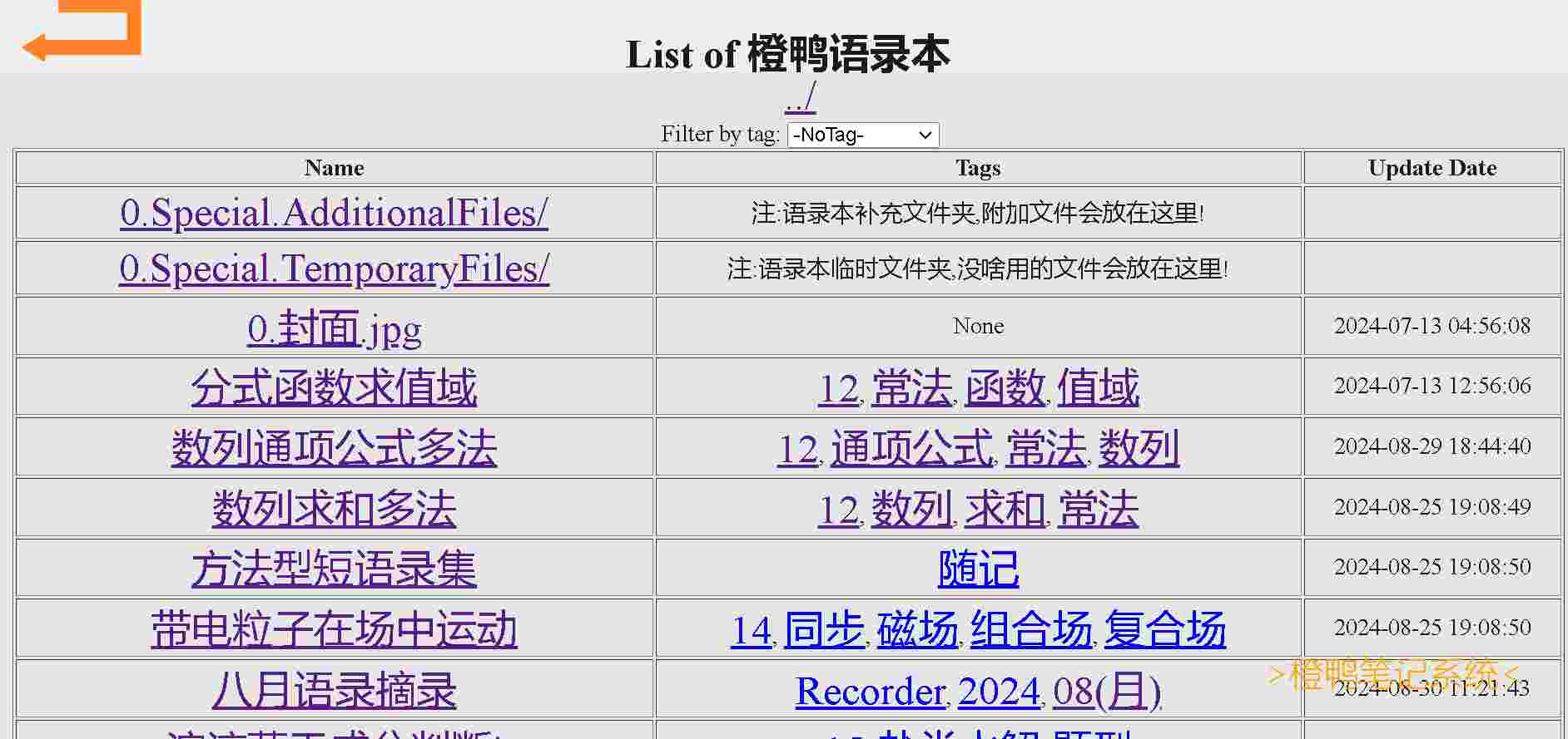 # New Term, New Style!-超大字号, 更大更护眼! -减少动画, 拒绝假流畅! -细节优化, 自然畅体验! -问题解决, 有错咱就改! -愿橙鸭乐园陪伴你度过快乐的每一天! -补: 终于要开学啦, 我又无意中花费了4天做了个笔记展示的php, 继承了旧笔记系统的风格, 但极大减少了上传的操作量! 只需将笔记以`页码.笔记名字 (逗号隔开的笔记标签).jpg`命名放到文件夹即可~ 支持标签筛选, 多页展示(后页标签`接+上页页码`即可)等功能! 我们到时候可能会开源此代码给大家免费用哦! -祝我高考高位! -