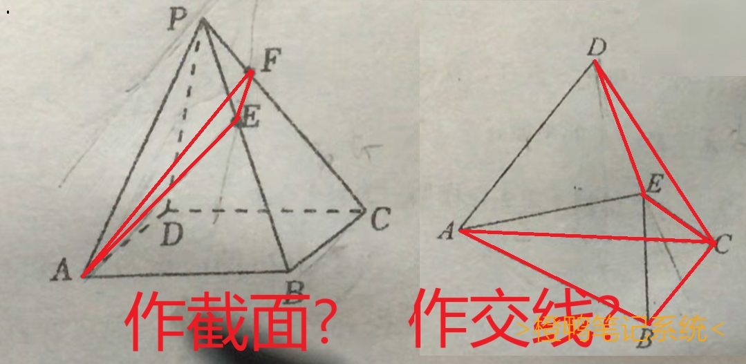 # 立体交线截面方法论—延长线,找交点!-上学期我分享个立体截面的视频, 是用平行法作截面, 但是许多题都不适用. 这次更新视频, 讲一下各种奇怪的交线截面的作法. 网上好多资料, 方法讲了, 原理讲了, 但不知道为什么这么用, 这个视频就来讲一下思路, 到底是怎么想到的. 花费了四个多小时, 题目实在是太难理解了. -思路总结: 由于两平面最多有一条交线, 两点确定一条直线, 我们可以知道只需要找到两个同时在两个面里面的点; 延长面上的线,可扩展面; 若扩展面看不到交点, 可以从原理想, 两个面里面要找到两条相交线, 即找一个面同时交于这两个面(此时不考虑平行), 就可以想到投影, 从而想到作垂线构造平面!  -[[点这里去看视频讲解]](//on.ordylan.com/NV/1/)-